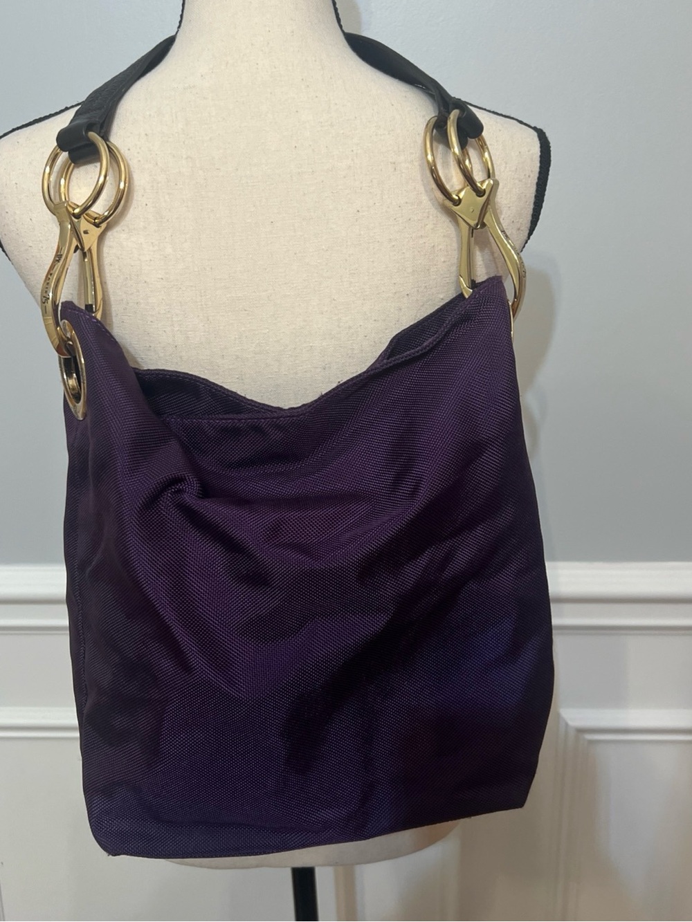 JPK Paris 75 Handbag Purple Nylon Bucket Bag Purse Chunky Gold Hardware Tote